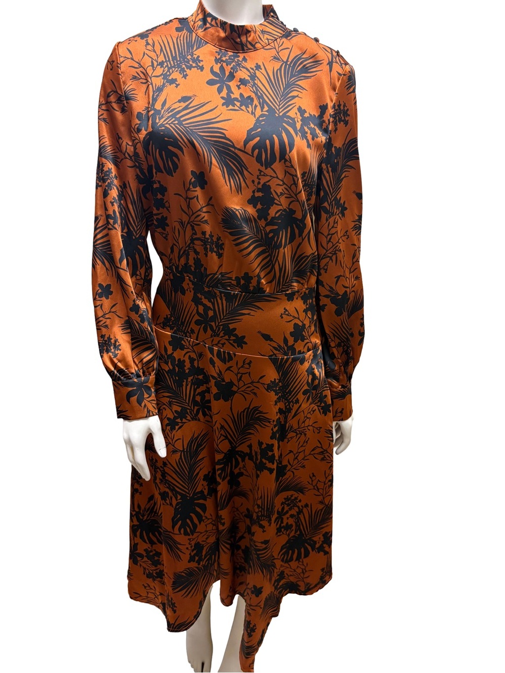 Rust Orange Tropical Print Long-Sleeve Midi Dress